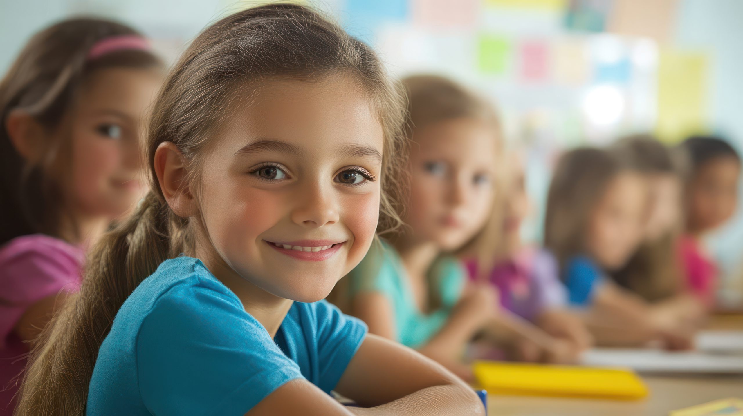 Smiling girl with brown hair in blue shirt sitting confidently in classroom with diverse group of engaged students softly focused in background, representing successful learning environment.