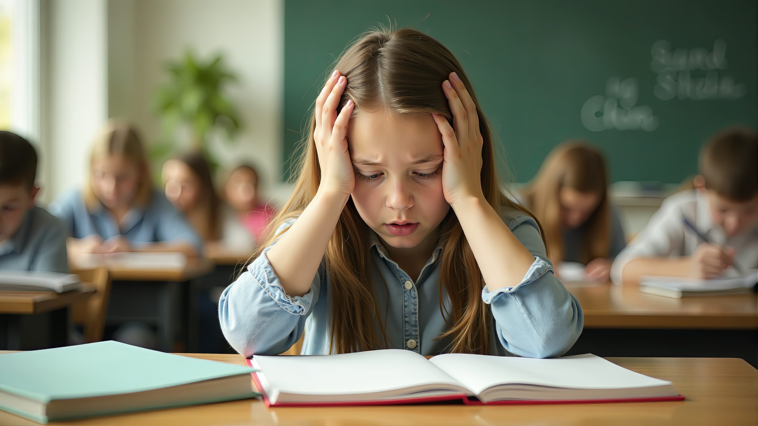 Young girl with long brown hair holding her head in both hands showing signs of frustration or stress while looking down at open textbook, with blurred classmates working in background.