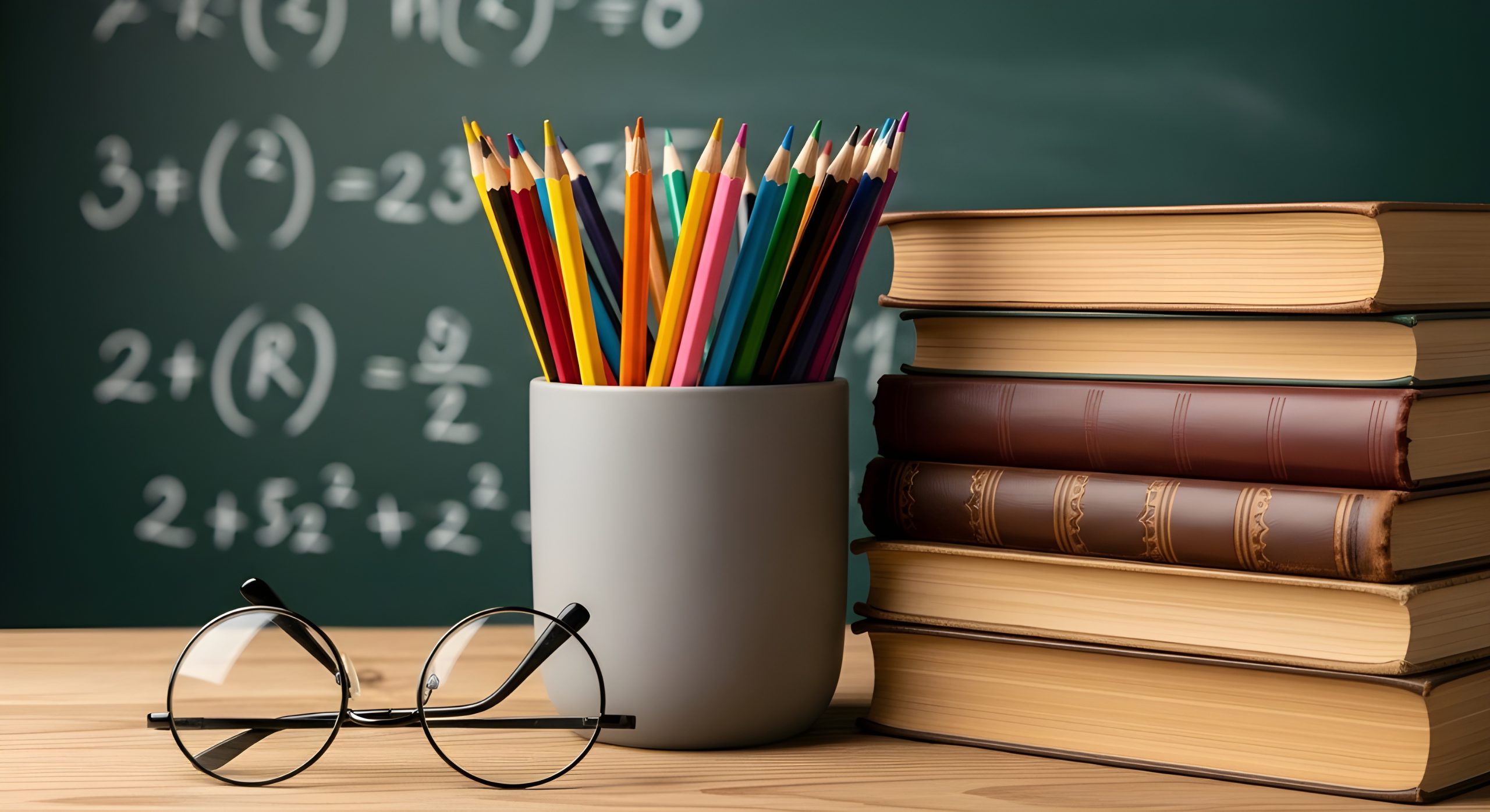 Stack of textbooks next to cup of colored pencils on desk with eyeglasses, chalkboard showing math equations in background including fractions and basic arithmetic.