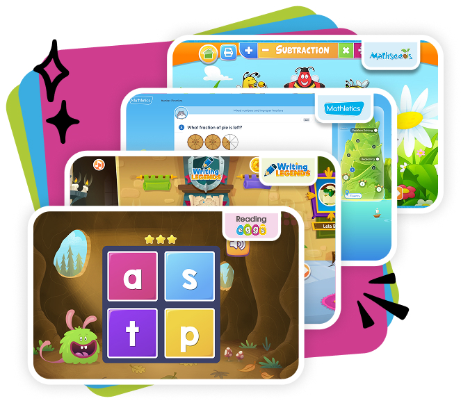 Program screenshots for maths, reading and writing