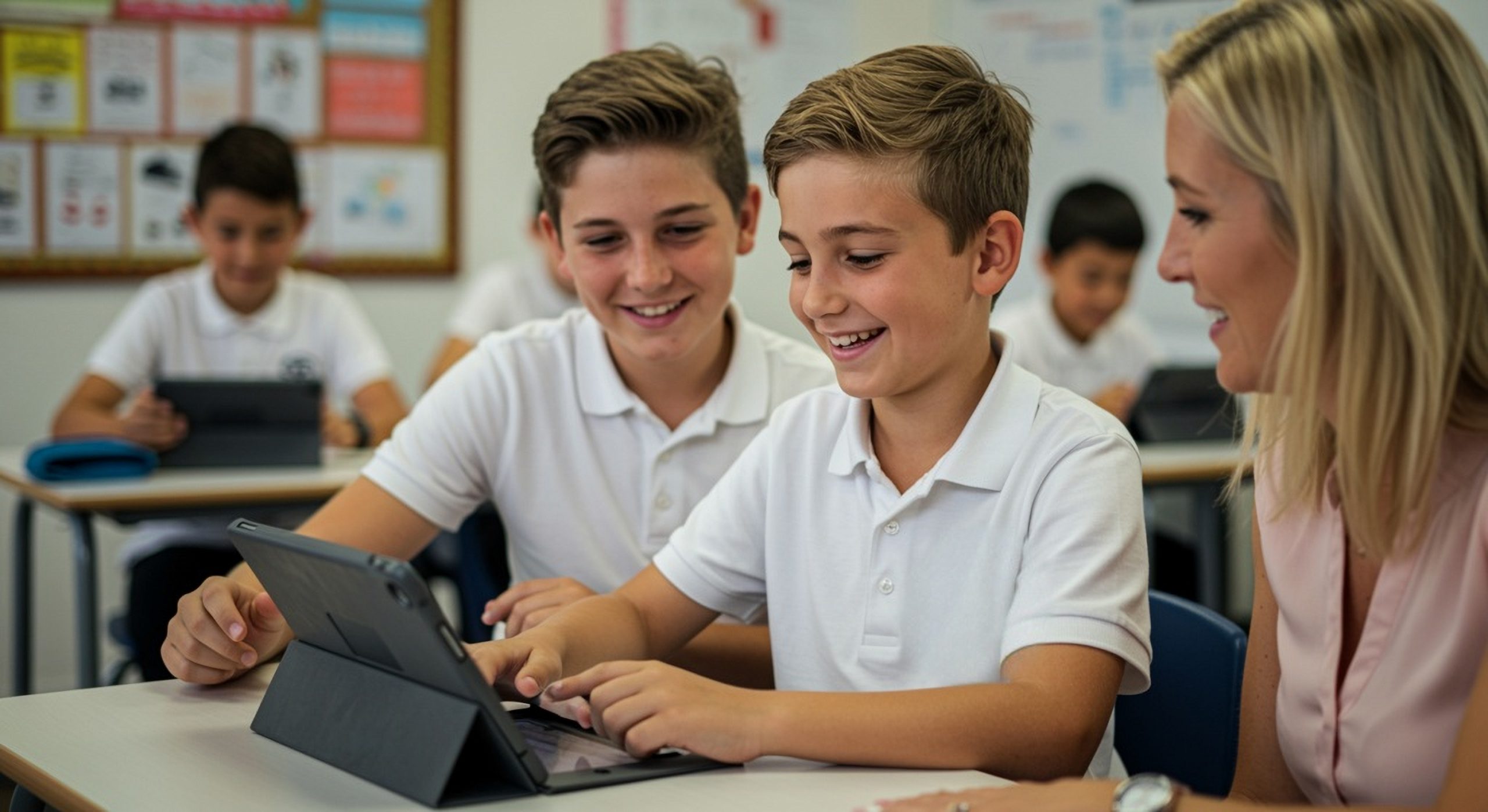 Teacher guiding two students using tablet in classroom for focused digital learning session.