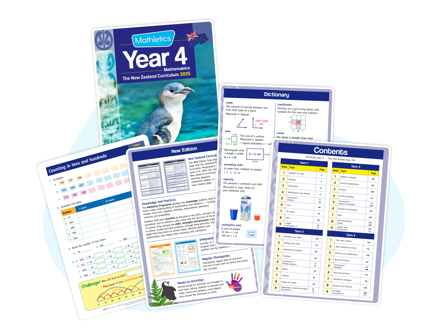 Inside the Mathletics Year 4 Student Workbook showing sample pages, contents, dictionary and activities.