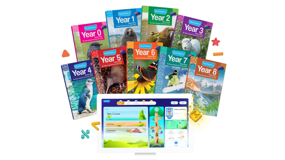 Mathletics student workbooks for Years 0 to 8 alongside the Mathletics online platform.