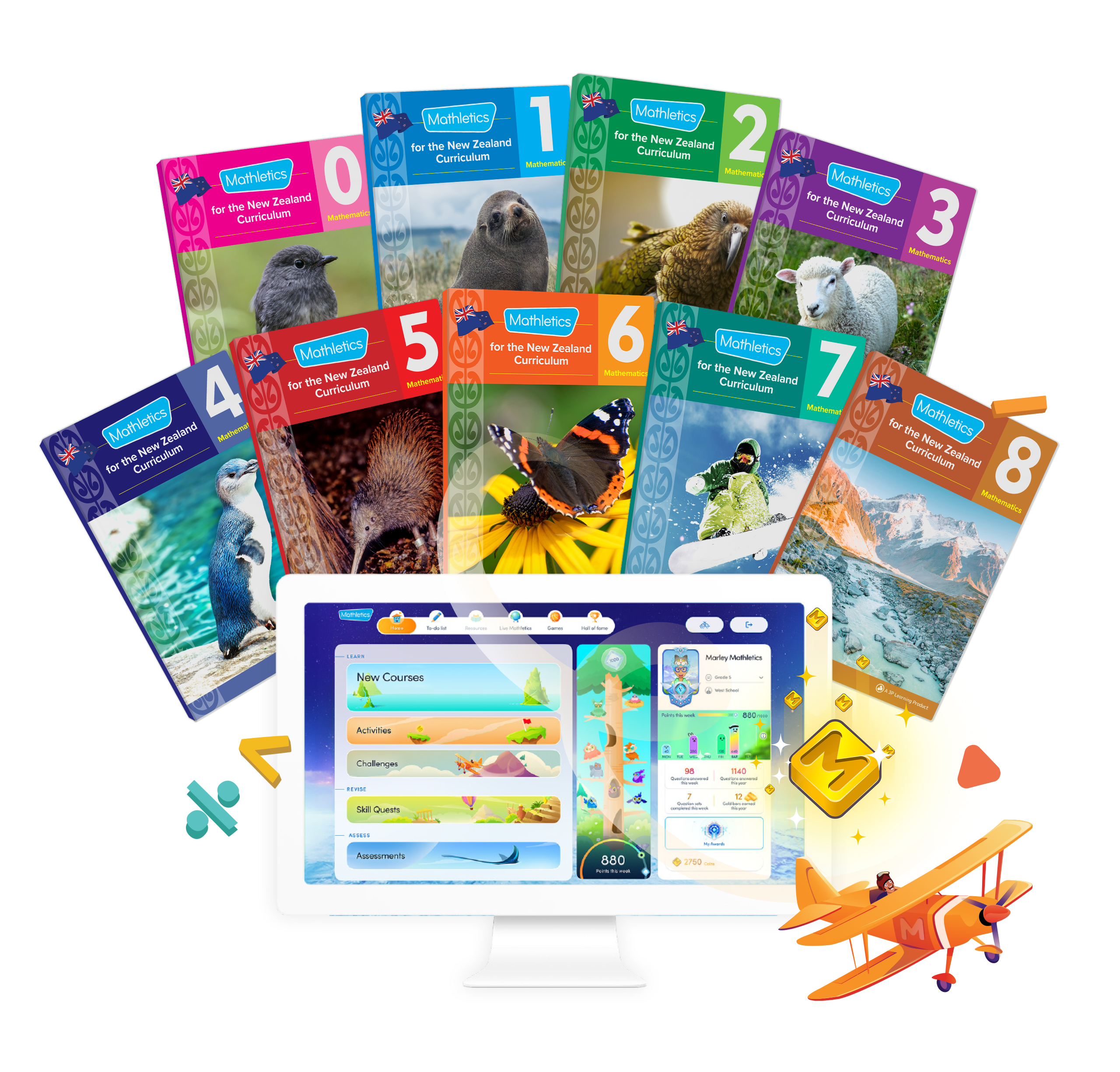 Mathletics Programme New Zealand Years 0-8 student workbooks and online learning platform on desktop.
